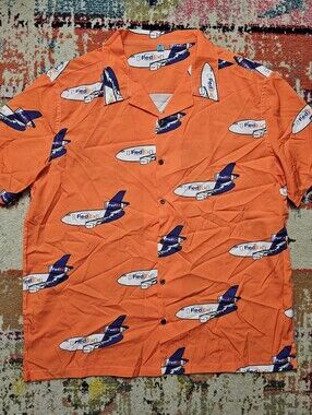 FedEx Hawaiian AOP Aviation Logistics Plane Shirt Mens XL Button Up Orange
